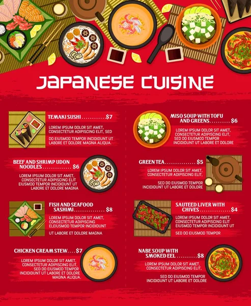 Japanse Keuken Menu Vector Kip Room Stoofpot Temaki Sushi Miso — Stockvector