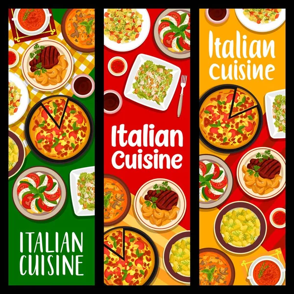 Banderas Cocina Italiana Carne Res Florentina Sopa Minestrone Pasta Ensalada — Vector de stock