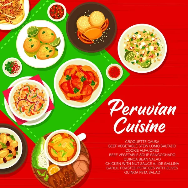 Peruvian Cuisine Menu Cover Page Cookie Alfajores Quinoa Feta Salad — Stock Vector