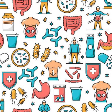 Probiyotikler, mikroflora, kusursuz sağlık kalıpları, vektör geçmişi. Probiyotikler laktobasil bakteriler veya mide prebiyotiği örnekleri, bifidum içecekleri ve haplarla sağlıklı mide sindirimi.