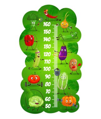 Çizgi film sebzeleri sporda, vektör çocukların boy tablosunda, büyüme ölçeğinde yarışır. Komik domates, biber, lahana ve brokoli, soğan, balkabağı, kabak ve patlıcan ile cetvel ölçeği, patates karakterleri