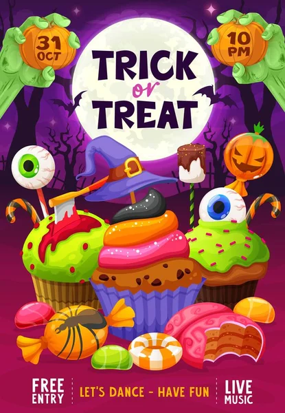 Flyer Zur Halloween Party Nachtfriedhof Bonbons Süßigkeiten Und Desserts Halloween — Stockvektor