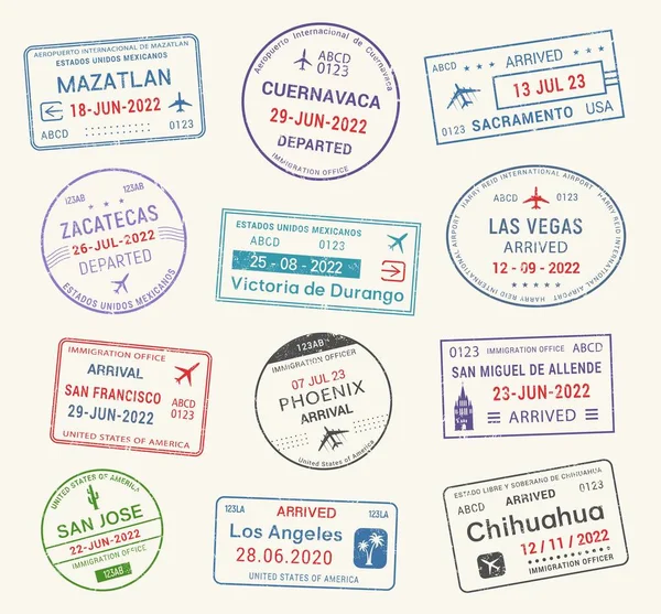 Pasaporte Sellos Viaje Visa Viaje Llegada Salida Del Aeropuerto Vector — Vector de stock