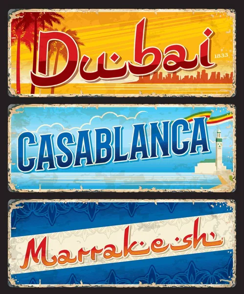 Dubai Casablanca Marraquexe Cidade Viagens Adesivos Placas Sinais Vetor Vintage — Vetor de Stock