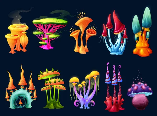Fantasy Magische Cartoon Pilze Vektor Design Von Außerirdischen Waldpflanzen Für — Stockvektor