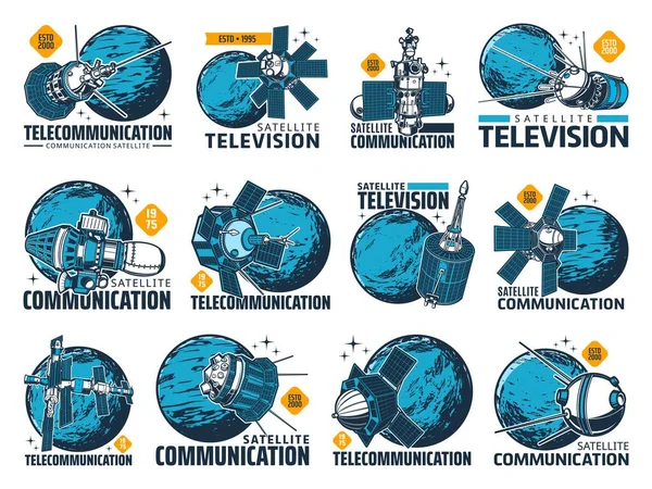 Icônes Satellites Télécommunications Télévision Technologies Vectorielles Communication Spatiale Satellite Artificiel — Image vectorielle