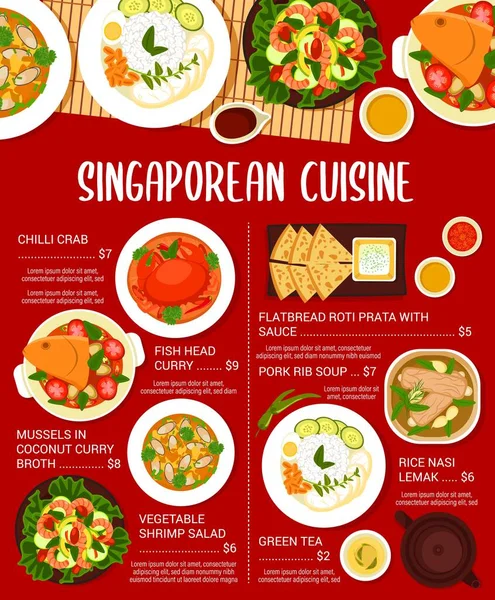 Plantilla Menú Comida Singapur Sopa Costilla Cerdo Ensalada Cangrejo Chile — Vector de stock