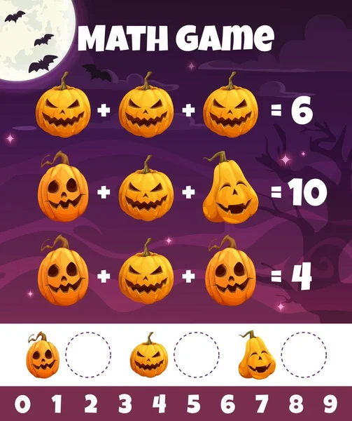 Kreskówki Halloween Dyniowe Latarnie Arkusz Zadań Matematycznych Dziecięca Zagadka Matematyczna — Wektor stockowy