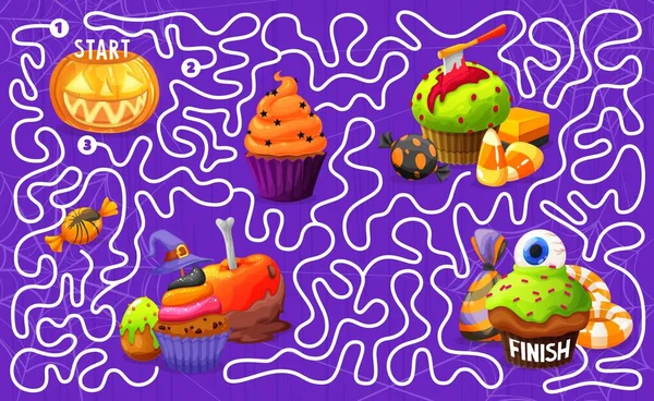 Labirinto Labirinto Zucca Halloween Dolci Biscotti Torte Bambini Labirinto Puzzle — Vettoriale Stock