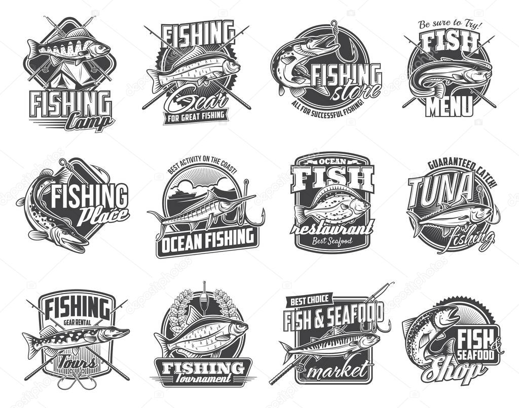 Fish with fisherman tackle isolated icons of vector fishing sport. Bass, marlin, tuna and trout, pike, carp, perch, flounder and catfish badges design with hooks, fishing rods, floats and camp tent