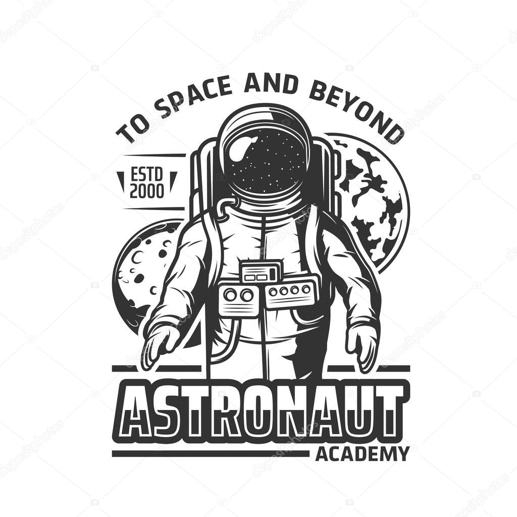 Astronaut academy icon, vector emblem with cosmonaut in space suit. Galaxy researcher monochrome label, spaceman in armor and stars reflection in glass helmet, moon and earth planets in Universe