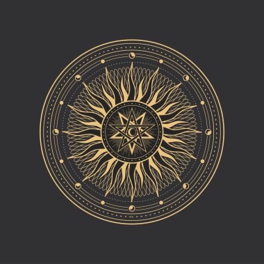 Pentagram, ezoterik, okült büyü ve tarot sembolü, vektör beşgen çember. Simya, okültizm ve büyücülük ritüeli. Kutsal geometri çemberinde göksel güneş ve ay işaretleri.