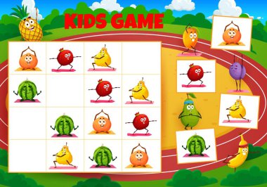 Sudoku oyun kağıtları, yogadaki çizgi film karakterleri. Vektör çocuklar, sporcu mangosu, mandalina, erik, armut, ayva, karpuz ve muz bulmacası çözerler.