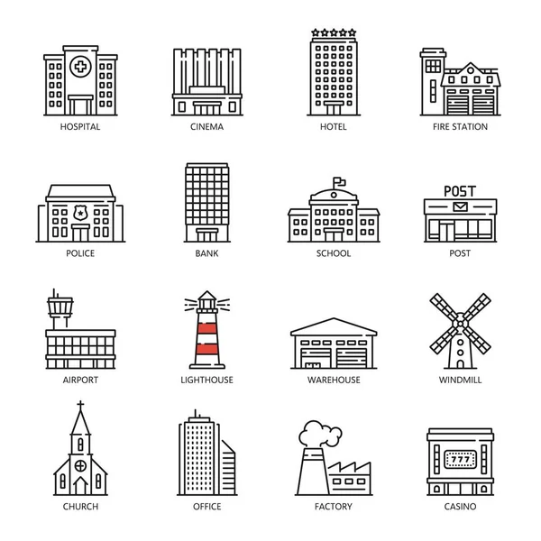 City Buildings Outline Icons Town Official Municipal City Commercial Estate — Stock Vector