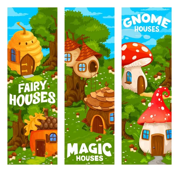 Fada Mágica Gnome Casas Moradias Bandeiras Vetoriais Com Edifícios Fantasia — Vetor de Stock