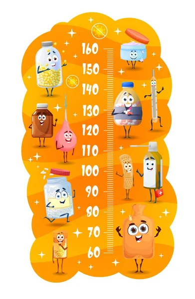 子供の高さチャートは 漫画のシロップ 錠剤や薬の文字を支配します 面白い薬や医療アイテムのベクトル成長メーターは 温度計 クリスター 瓶や錠剤の壁の定規付きボトル — ストックベクタ