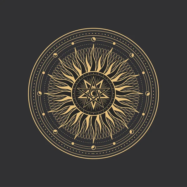五角形 オカルト魔法とタロット記号 ベクトル五角形 錬金術 オカルトと魔術の儀式神聖な幾何学サークルで天の太陽と月と五旬節の記号 — ストックベクタ
