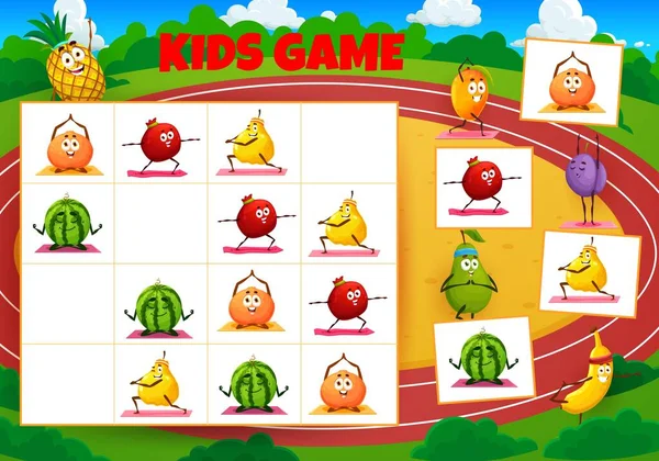 Sudoku Game Worksheet Cartoon Fruit Characters Yoga Vector Kids Riddle — Stock Vector
