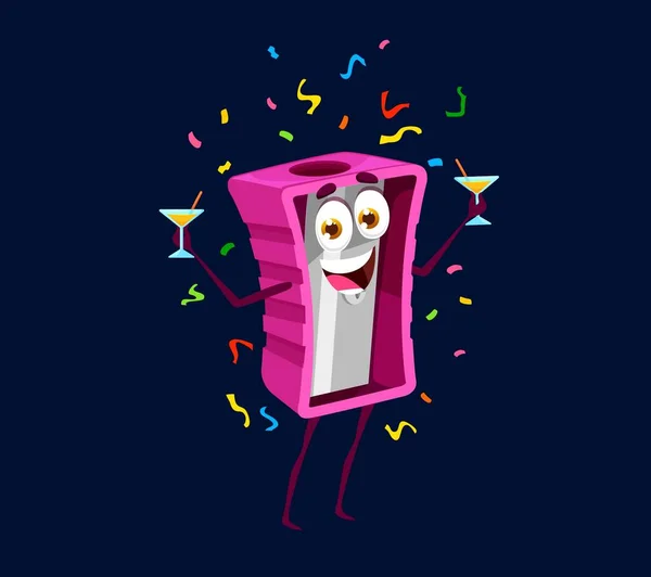 Holiday birthday celebration, cartoon sharpener character. Vector school or office stationery personage holding cocktail glasses under falling confetti. Joyful sharpening tool celebrate party