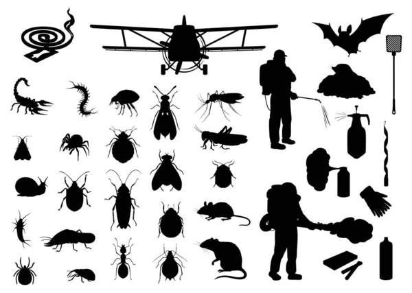 Schädlinge Kontrollieren Geräte Insekten Und Tiere Vektorsilhouetten Fliegenklatsche Und Fliegenpapier — Stockvektor