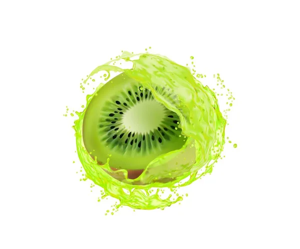 Fetta Kiwi Con Spruzzata Succo Vitamina Isolata Succosa Bevanda Turbinare — Vettoriale Stock
