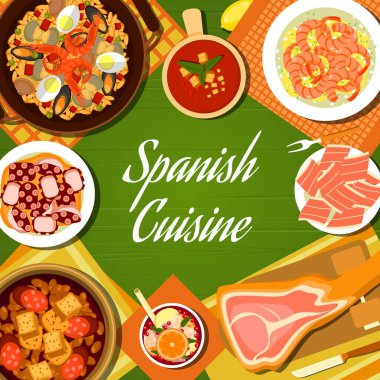 İspanyol mutfağı menü kapağı sayfası. Deniz ürünleri paella, İberya jambonu ve gazpacho, sarımsaklı karides Gambas al Ajillo, haşlanmış ahtapot Pulpo a la Gallega ve Sangria, fasulye ve sucuk yahnisi Fabada.