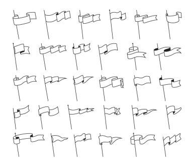 Retro flama bayrakları, bayrak direğindeki pankartlar, el sallama işaretleri, vektör çizgisi simgeleri. Spor kampı ya da üniversite ve üniversite kulübü beyaz ve siyah çizgideki direkler üzerindeki boş flamaları izole etti