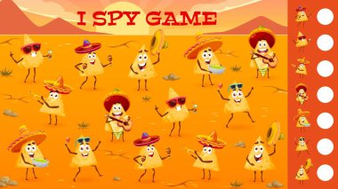 Komik karikatür Meksika cipsi karakterleri, casusluk oyunu çalışma tablosu, vektör bulmacası. Masaüstü bilmecesini bul ve eşleştir ya da çocuk bilmece tahtası oyununu Meksika cipsleri ile birlikte gitar ve marakas ile eşleştir.