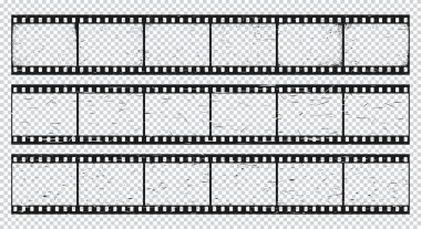 Eski grunge film uzun şerit, klasik film şeridi. Vektör selüloit makara çerçeve dokusu, fotoğraf negatif resim veya tahıllı ve çizikli sinema slaytı, izole edilmiş retro fotoğraf boş film