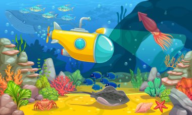 Underwater game landscape with submarine. Cartoon vector sea bottom with fishes, corals, marine plants and animals. Tropical ocean floor scene with bathyscaphe illuminate hidden cave or grotto in rock clipart
