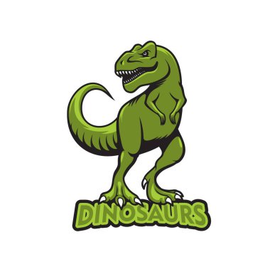 Tyrannosaur dinozor maskotu, izole edilmiş vektör dino spor takım amblemi. Basketbol, futbol, futbol, hokey ya da beyzbol kulübü için tişört baskısı. Lig oyuncuları Jurassic t-rex sürüngen etiketi