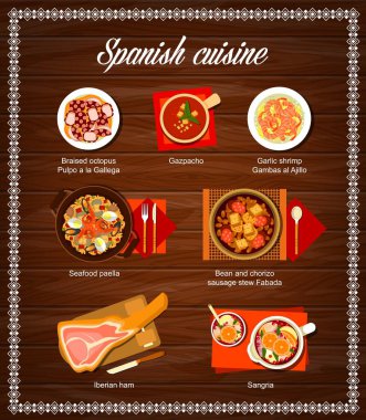 İspanyol mutfağı menü şablonu. Ağır ateşte pişirilmiş ahtapot Pulpo a la Gallega, gazpacho ve sarımsaklı karides Gambas al Ajillo, deniz ürünleri paella, fasulye ve sosis yahnisi Fabada ve İberya jambonu, Sangria