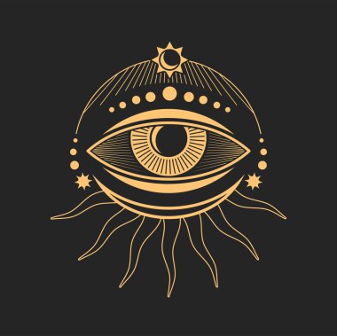Kehanet gözü, tarot büyüsü sembolü, etnik tılsım. Aylı vektör dövmesi, okültizm bütünsel görüş işareti, kabile çakra ışınları, hepsi gören göz.