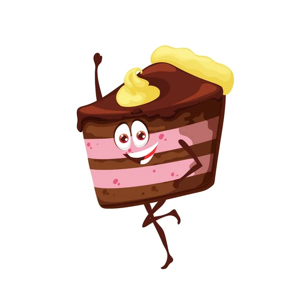 Cartoon Schokoladenkuchen Charakter Mit Zitronencreme Isoliertes Vektordessert Fröhliche Patisserie Kuchenstück — Stockvektor