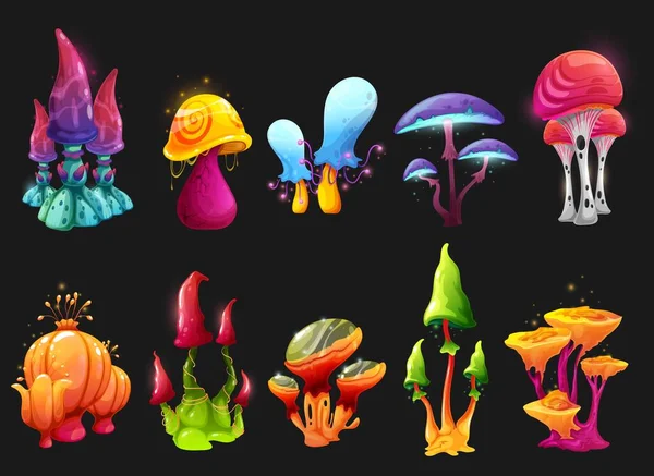 Magic Fairy Mushrooms Toxic Toadstools Vector Cartoon Fantasy Fungi Fairy — Stock Vector