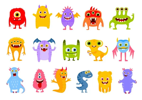 Cartoon Grappige Monster Karakters Leuke Komische Halloween Vrolijke Personages Geïsoleerde — Stockvector