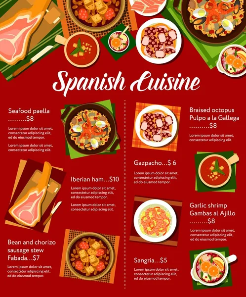 Modèle Page Menu Cuisine Espagnole Ail Crevettes Gambas Ajillo Haricot — Image vectorielle
