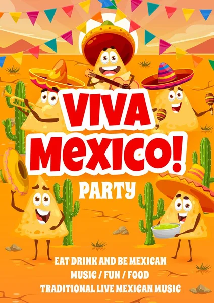 Viva Mexico Pihak Flyer Dengan Meksiko Karakter Chip Nachos Vektor - Stok Vektor