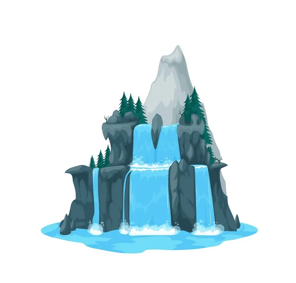 自然公园卡通河瀑布瀑布 孤立的河流瀑布 岛屿清澈的溪流 瀑布背景 自然公园蓝色水上运动矢量游戏资产 悬崖上有云杉树 — 图库矢量图片