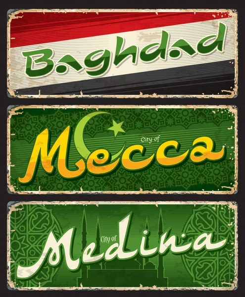 Bagdad Meca Medina Ciudad Viajes Pegatinas Placas Vector Turismo Estaño — Archivo Imágenes Vectoriales