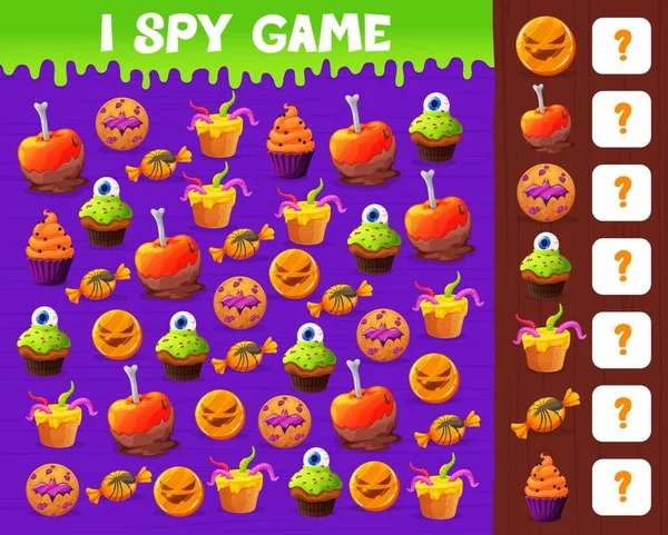 Jeu Espion Halloween Bonbons Biscuits Gâteaux Puzzle Comptage Enfants Activité — Image vectorielle