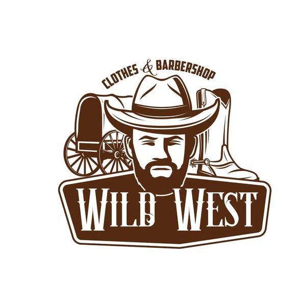 Wild West Cowboy Ikone Mit Lederhut Westernstiefeln Und Bollerwagen Rodeo — Stockvektor