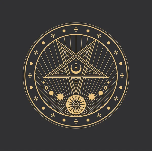 五角形 密教円 オカルト魔法とタロット記号 ベクトル五角形 星と銀行 太陽と月 錬金術 タロット異教の儀式記号と密教とオカルト五角形 — ストックベクタ
