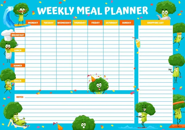 Cotygodniowy Planista Posiłku Postaciami Kreskówek Zabawnych Brokułów Zdrowe Jedzenie Tydzień — Wektor stockowy
