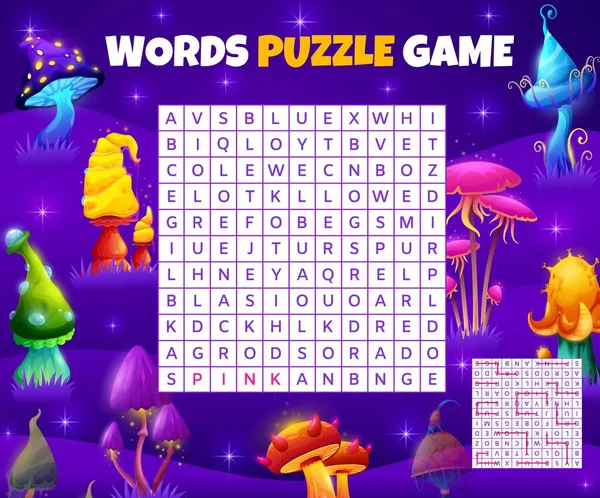 Varázsgomba Word Keresés Puzzle Játék Munkalap Gyermekek Oktatási Szöveg Játék — Stock Vector