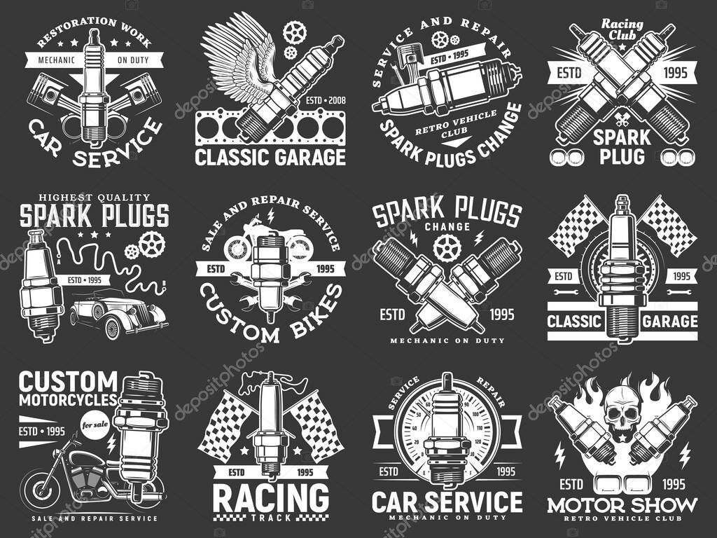 Car service, motor show and racing club icons. Vehicle garage station combustion engine spare parts, pistons and spark plugs, vector retro car and motorcycle, human skull, race flag and speedometer