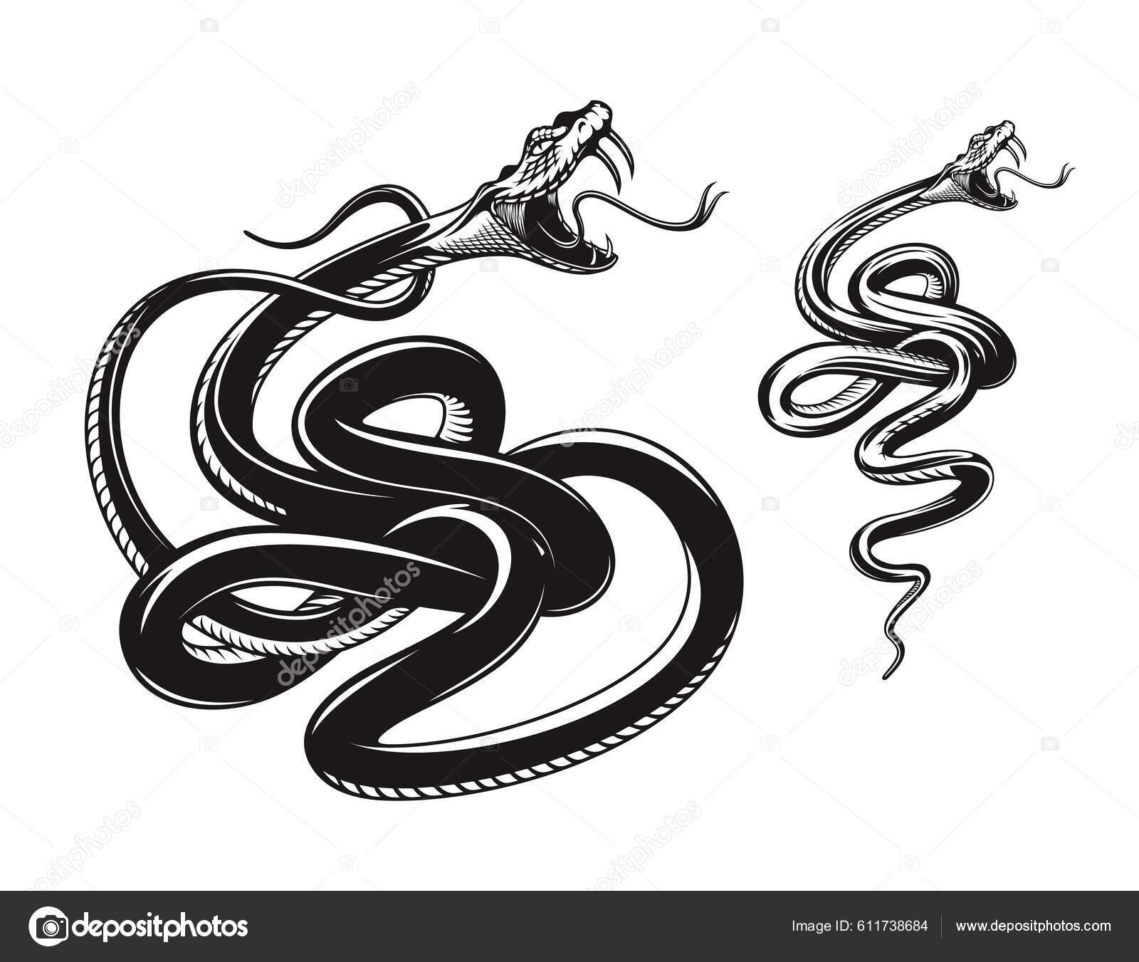 방울뱀 공격적 독니와 공격하는 문신을 독사나 방울뱀 마스코트 스톡 벡터 - ©Seamartini 611738684