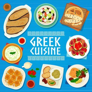 Yunan mutfağı menü kapağı şablonu. Meyveli kek, ezilmiş balık ve balık sosu Taramasalata, salatalık yoğurdu sosu Tzatziki, patlıcanlı lazanya Moussaka ve Yunan salatası, zeytin ekmeği Eliopsomo, fındık Baklava