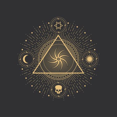 Pentagram sembolü, büyülü okült ve ezoterik yıldız ve vektör piramidi içinde daire. Ayın simya ve tarot sembolü, güneş ve kafatası simgeleri mistik altın tekerlek içinde üçgen, astroloji ve korkmuş geometri