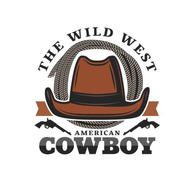 Vahşi batı ve batı vektörünün Amerikan kovboy şapkası ikonu. Rodeo kovboyu, şerif ya da Texas haydutu kahverengi şapkalı, silahlı ve çiftlik binicisi kementli ya da çiftçi halatından izole edilmiş sembol